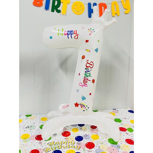 Balon din Folie Metalizata, Flippy, Figurina Cifra, Model 7 cu Happy Birthday Scris, Tema Aniversare 81 cm, Ambalaj Individual, Pai Inclus, Umflare cu Aer sau Heliu, Alb
