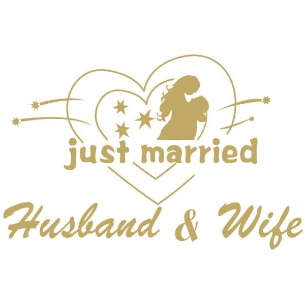 Sticker Autocolant, Flippy, Tematica Nunta, Model Indragostiti, cu Scris Just Married Husband&Wife, 21×29 cm, Auriu