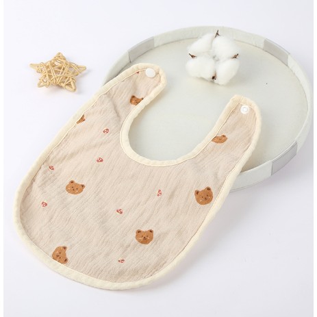 Baveta in Forma de U, Flippy, din Bumbac, pentru Copii 0-12 Luni, Rezistenta la Apa, cu Capse, Model cu Ursuleti,  21×30 cm, Bej