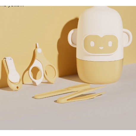 Set 4 Piese Ingrijire Unghii Bebelusi, Flippy, din ABS+Otel Inoxidabil, Cutie de Depozitare Tip Maimuta, de la 0 Luni, Galben