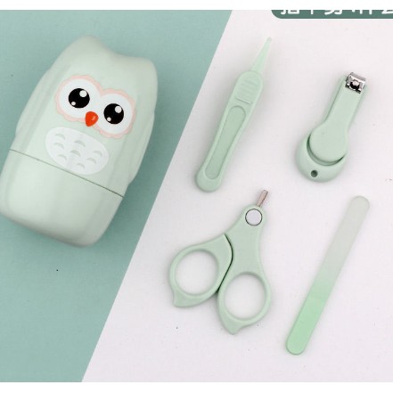 Set 4 Piese Ingrijire Unghii Bebelusi, Flippy, din ABS+Otel Inoxidabil, Cutie de Depozitare Tip Bufnita, de la 0 Luni, 11.5 x 5 x 11.5 cm, Verde