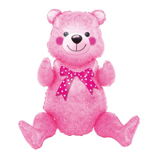 Balon din Folie Metalizata, Flippy, Figurina Animalute, Model Ursulet Asezat, Tematica Aniversare, 44×82.5 cm, Ambalaj Individual, Pai Inclus, Umflare cu Aer sau Heliu, Roz