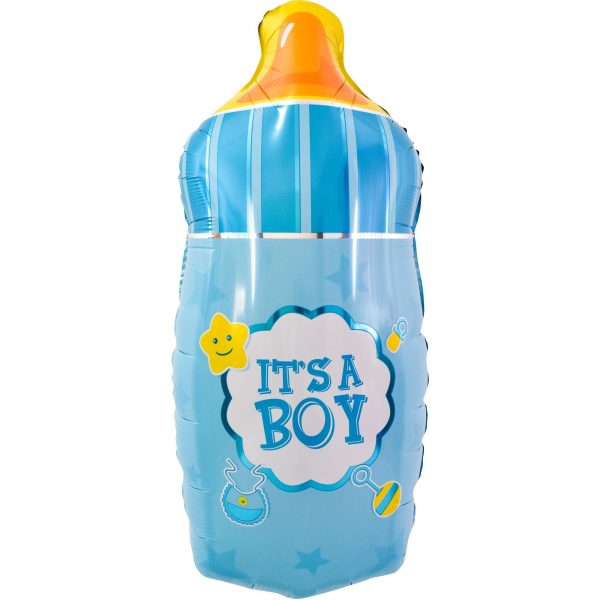 Balon din Folie Metalizata, Flippy, Mini Figurina Biberon, Model It’s a Boy, Tematica Gender Reveal, 44×20 cm, Ambalaj Individual, Pai Inclus, Umflare cu Aer sau Heliu, Albastru