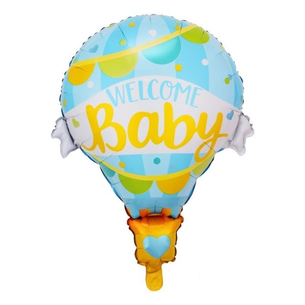 Balon din Folie Metalizata, Flippy, Mini Figurine, Model Balon cu Aer Cald Baietel, Tematica Welcome Baby, 80×62 cm, Ambalaj Individual, Pai Inclus, Umflare cu Aer sau Heliu, Albastru