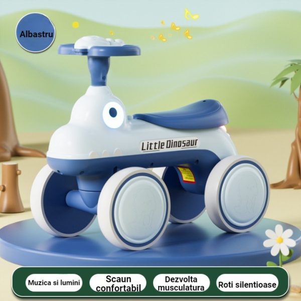 Bicicleta Pentru Copii, Flippy, Fara Pedale, Cu Patru Roti, Din Plastic Rezistent, Fara BPA, Cu Muzica Si Lumini, Model Dinozaur, 50x27x40 Cm, Albastru