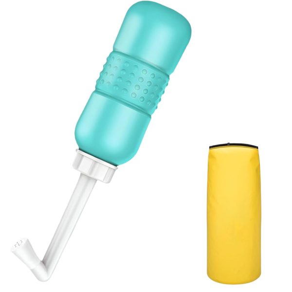 Bideu Portabil pentru Igiena Intima, Flippy, pentru Postpartum/ Postoperator, 450 mL, cu Capac si Husa Galbena, 29.5×7 cm, Culoare Recipient Verde