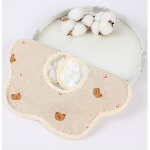 Baveta Tip Floare, Flippy, din Bumbac, pentru Copii 0-12 Luni, Rezistenta la apa, cu Capse, Model cu Ursuleti, 26 x 29 cm, Crem