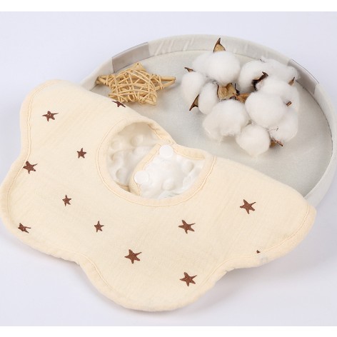 Baveta Tip Floare, Flippy, din Bumbac, pentru Copii 0-12 Luni, Rezistenta la apa, cu Capse, Model cu Stelute, 26 x 29 cm, Crem