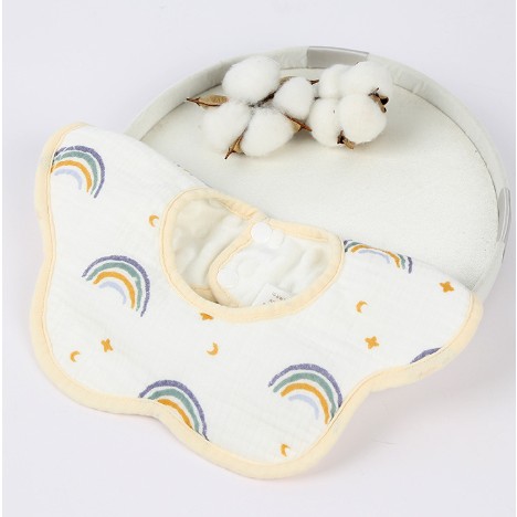 Baveta Tip Floare, Flippy, din Bumbac, pentru Copii 0-12 Luni, Rezistenta la apa, cu Capse, Model Curcubeu, 26 x 29 cm, Alb