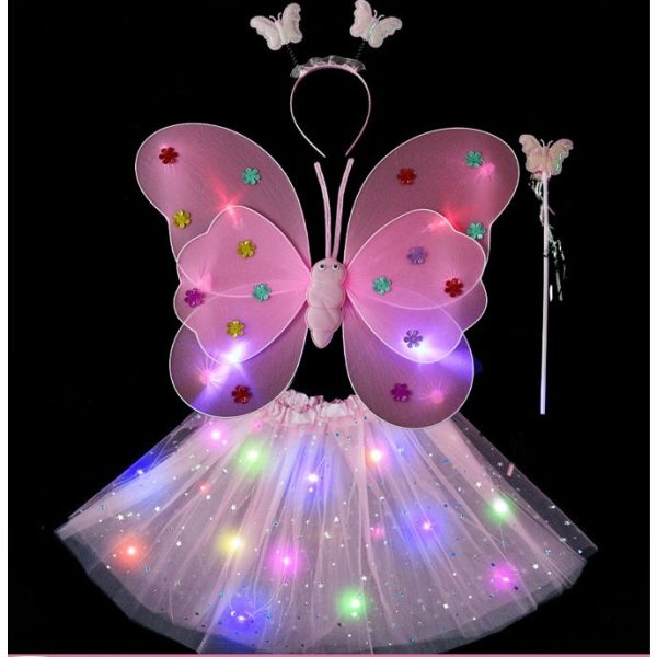 Costum Fluturas cu Aripi Modelabile Luminoase pentru Copii, Flippy, Fusta din Tul cu Lumini, Bagheta si Bentita, 4 piese, Pentru Halloween, Roleplay, Craciun, Carnaval, Paste, Ziua Copilului, Bumbac/Poliester, Marime universala, Roz