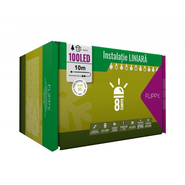 Instalatie Craciun, 10 m, 100 Led-uri ,Liniara, Alb cald, 8 jocuri de lumini, Transformator cu telecomanda, Interconectabila, Prelungitor 3 m inclus, Fir Verde, Flippy