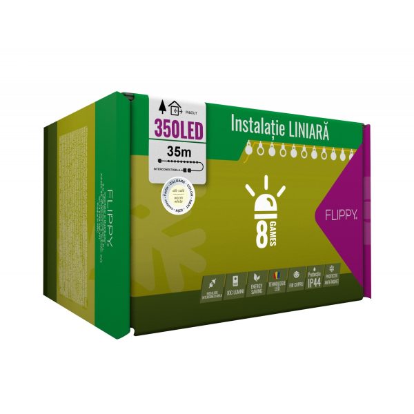 Instalatie Craciun, 35 m, 350 Led-uri ,Liniara, Alb cald, 8 jocuri de lumini, Transformator cu telecomanda, Interconectabila, Prelungitor 3 m inclus, Fir Verde, Flippy