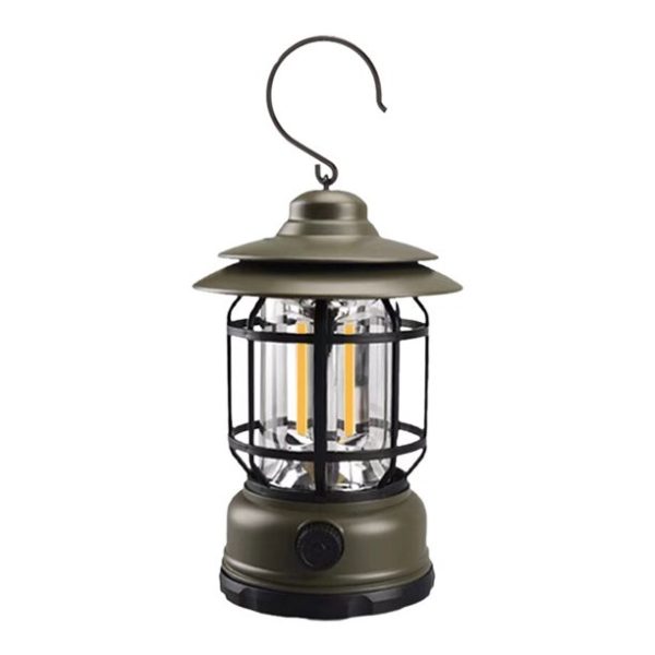Lampa portabila camping, Felinar Vintage cu carlig, ABS, Iluminare 21 COB LED, Intensitate reglabila, 5W, Flippy, Verde