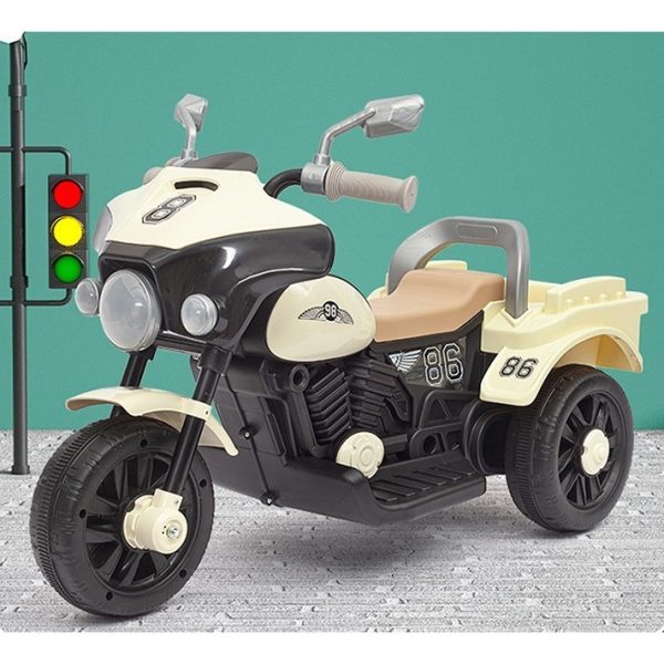 Motocicleta Electrica Flippy, cu Acumulator, cu Sistem Anti-Rasturnare, Sistem de Lumini si Muzica, Cutie de Depozitare, 1-8 Ani, 93 x 43 x 58 cm, Alb – Bej