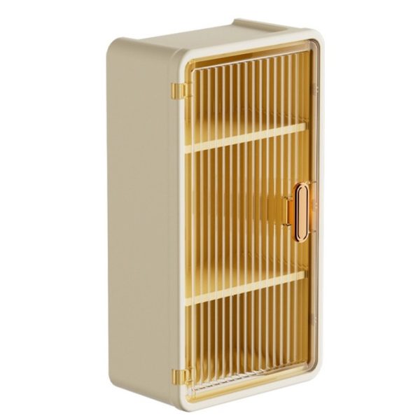 Organizator Cosmetice, Flippy, Montare pe Perete fara Perforare, 36.5×10.9×20 cm, cu 3 Rafturi, din PP si ABS, Bej, Usa Transparenta