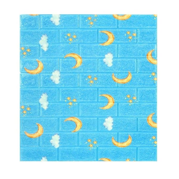 Set 10 Placi Tapet 3D, Flippy, 70 x 77 cm, Grosime 3 mm, din Polietilena, Tip Caramida, Model Luna, Suprafata acoperita 5.3 mp, Albastru
