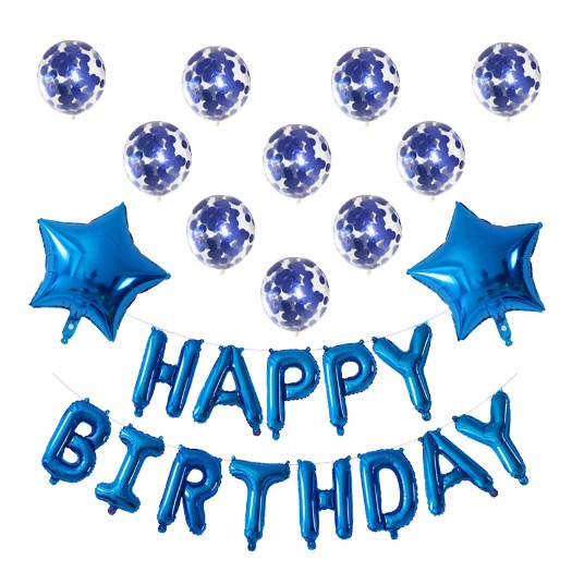 Set 12 Baloane si 1, Set pentru Aniversare, mesaj Happy Birthday, din folie de aluminiu, 30 -45 cm, Cu paiete, latex si folie, Albastru