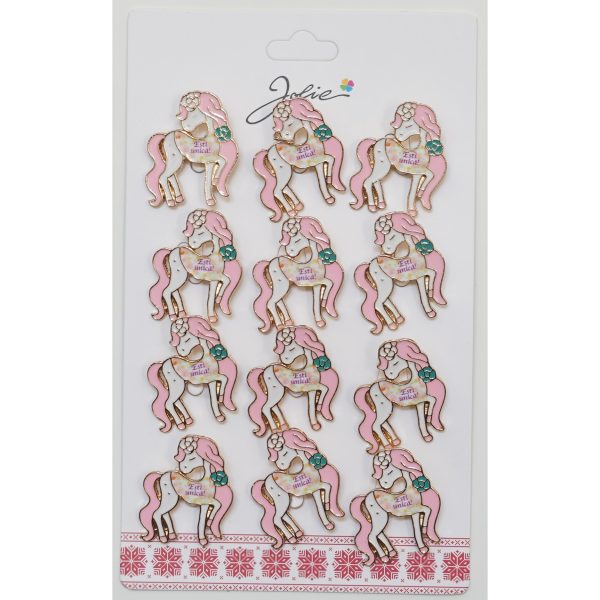 Set 12 Brose Martisor pentru Copii, Jolie, Model Unicorn cu Par Roz, cu Mesaj Esti Unica, Multicolor