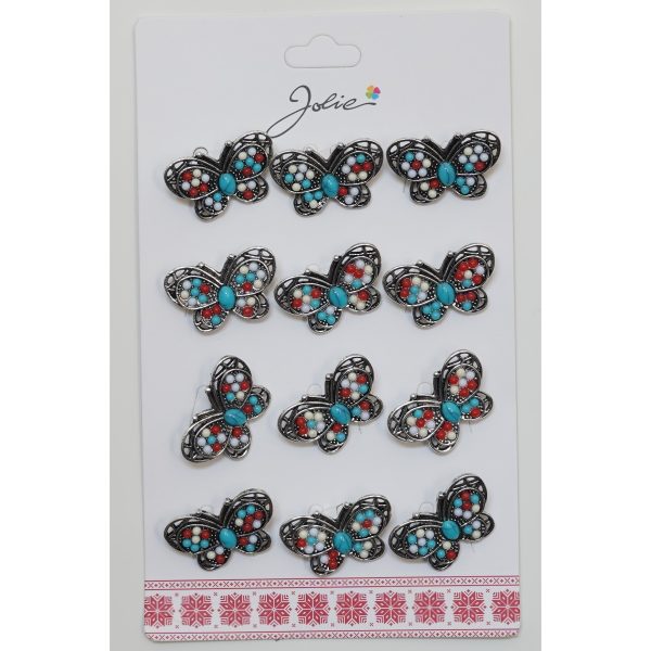 Brose Martisor Primavara, Jolie, Set 12 Bucati, Model Fluture cu Pietre, Brosa din Metal, 3 x 2 cm per Bucata, Argintiu