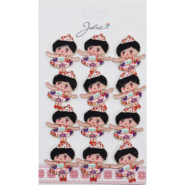 Set 12 Brose Martisor pentru Copii, Jolie, Model Fetita cu Coronita, cu Mesaj Drag de Romania, Multicolor