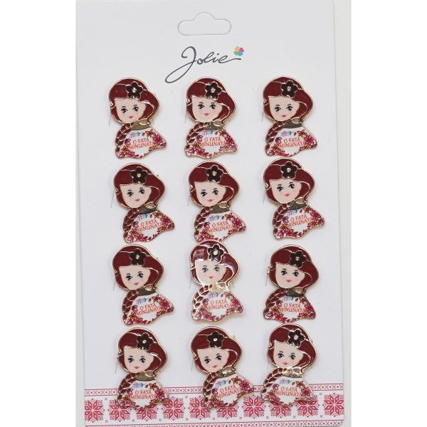 Brose Martisor Primavara, Jolie, Set 12 Bucati, Model cu Mesaj O Fata Minunata, Brosa din Metal, 3 x 2 cm per Bucata, Rosu inchis