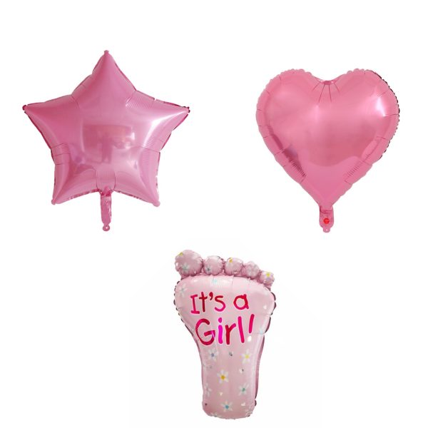 Set 3 Baloane din Folie Metalizata, Flippy, Figurine Picior 46×79 cm, Inima 45 cm, Stea 45cm, Model It’s a Girl, Tema Gender Reveal, Ambalaj Individual, Pai Inclus, Umflare cu Aer sau Heliu, Roz