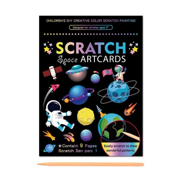 Set 9 Planse Razuibile, Flippy, Scratch ArtCards, +3 Ani, de Razuit si de Colorat, 19 x 14 cm, Model Spatiu Cosmic, Multicolor