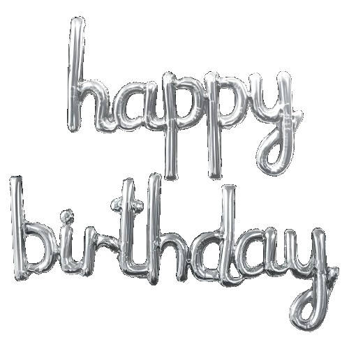 Set Baloane din Folie Metalizată, Flippy, Model Happy Birthday, 45×85 cm, 45x124cm, Baloane Party, Ambalaj Individual, Pai inclus, Umflare cu Aer sau Heliu, Argintiu