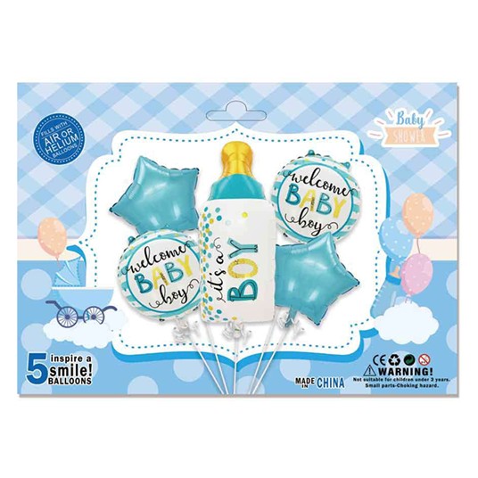 Baloane decorative GENDER REVEAL PARTY, Flippy, Figurina Sticla, Model IT’S A BOY, Set din 5 baloane, 40 x 77 cm, pentru Botez, Albastru
