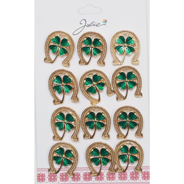 Brose Martisor Primavara, Jolie, Set 12 Bucati, Model Potcoava cu Trifoi, Brosa din Metal, 3 x 2 cm per Bucata, Auriu/Verde
