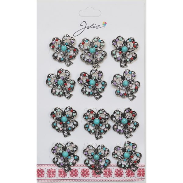 Brose Martisor Primavara, Jolie, Set 12 Bucati, Model Trifoi cu Pietre Decorative, Brosa din Metal, Dimensiune 3 x 2 cm per Bucata, Argintiu/Albastru deschis