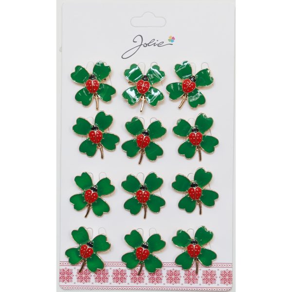 Brose Martisor Primavara, Jolie, Set 12 Bucati, Model Trifoi cu Buburuza, Brosa din Metal, 2.5 x 2.5 cm per Bucata, Verde