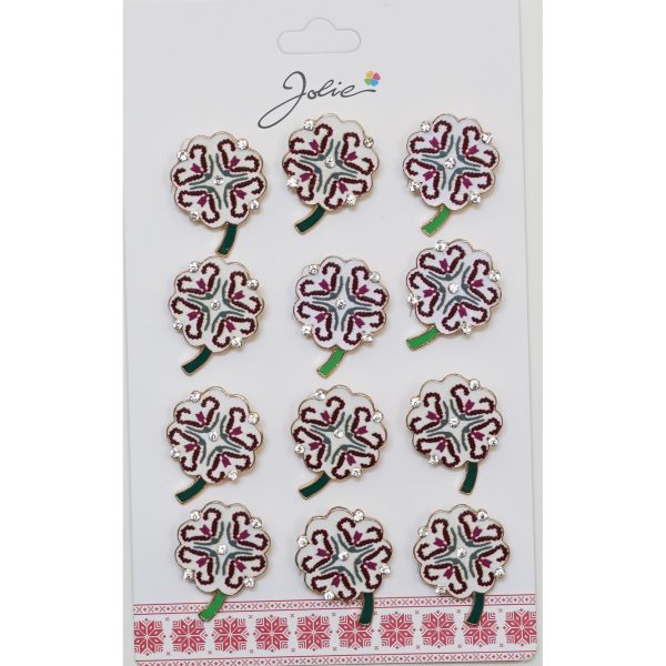 Brose Martisor, Jolie, Set 12 Bucati, Model Trifoi Traditional, Metal, 3 cm, Alb