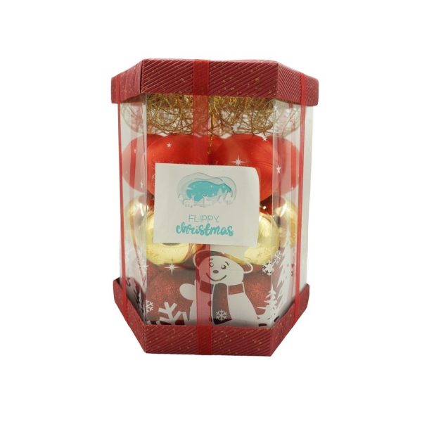 Set de 28 ornamente de brad, Flippy, de tip Glob, Rosu/ Auriu, din polistiren, cu finisaj sclipitor , cutie  18  cm adancime x 22  cm inaltime x 18  cm lungime)