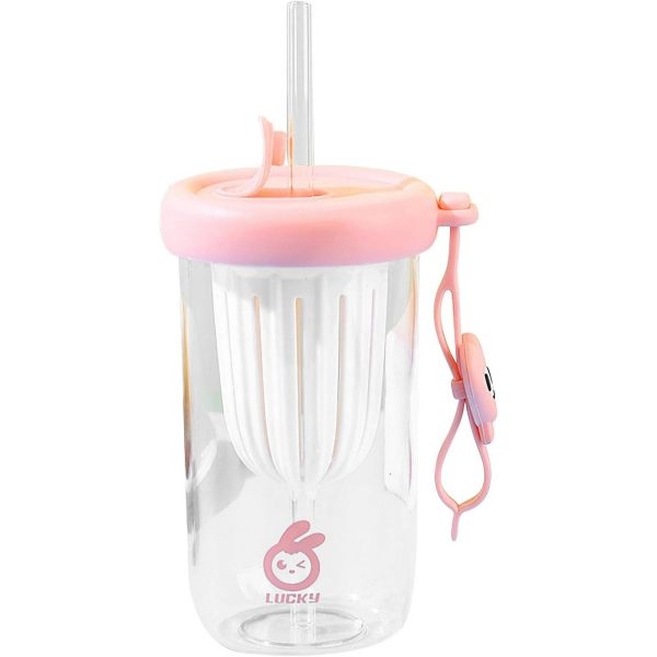 Pahar din silicon, cu capac si pai, pentru copii, Flippy, anti-cadere, compartiment pentru fructe/ceai/gheata, rezistent la temperaturi inalte, 500ml, Roz, 14.5×8.8×20 cm