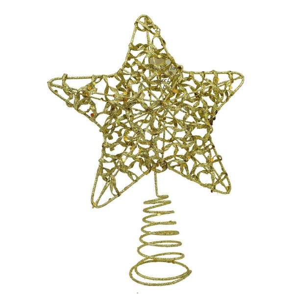 Varf decorativ de brad, Auriu, in forma de Stea, design cu paiete, din Plastic/Metal, 18 cm x 23 cm, Interior/Exterior, Flippy