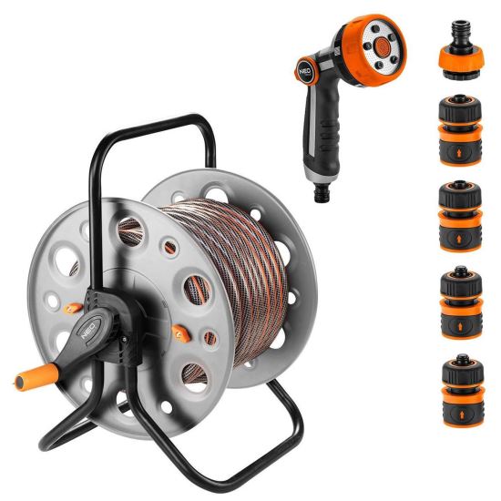 Tambur, rola, cu furtun gradina, antirasucire, pistol de stropit, accesorii, 1/2″, 20 m, NEO