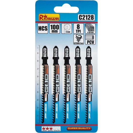 Panza, lama, fierastrau pendular, pentru lemn, HCS, prindere tip T, 8 TPI, taiere rapida, set 5 buc, 100 mm, Richmann