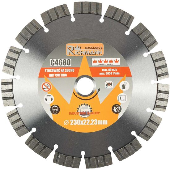 Disc diamantat segmentat, beton armat, caramida, taiere uscata, 230 mm/22.23 mm, Richmann Exclusive