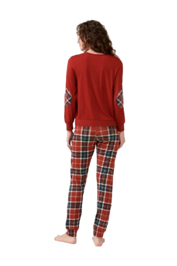 Pijama damă roșie din bumbac Vamp 100% Interlock cu pantaloni lungi în carouri