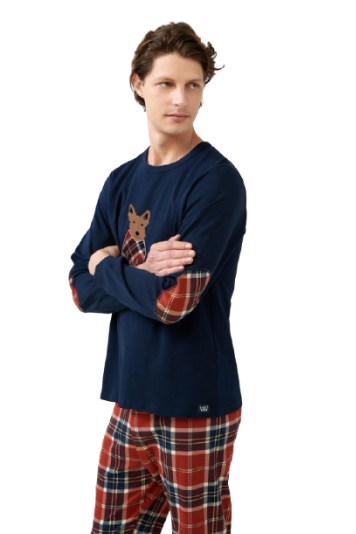 Pijama bărbați VAMP din bumbac 100% interlock, cu mânecă lungă și pantaloni în carouri, model albastru cu imprimeu, guler rotund