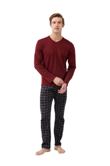 Pijama bărbați VAMP din bumbac 100% interlock, cu mânecă lungă și guler în V, pantaloni în carouri, model bordo