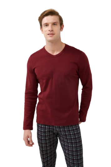 Pijama bărbați VAMP din bumbac 100% interlock, cu mânecă lungă și guler în V, pantaloni în carouri, model bordo