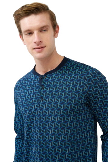 Pijama bărbați VAMP din bumbac 100% Cotton SJ, cu mânecă lungă și nasturi (placket), pantaloni lungi albastru închis, model cu imprimeu geometric