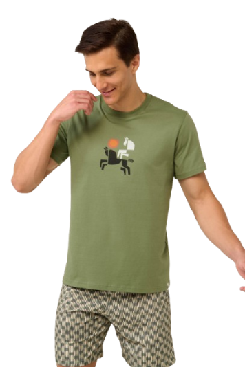 Pijama bărbați din bumbac 100%, tricou verde și pantaloni scurți